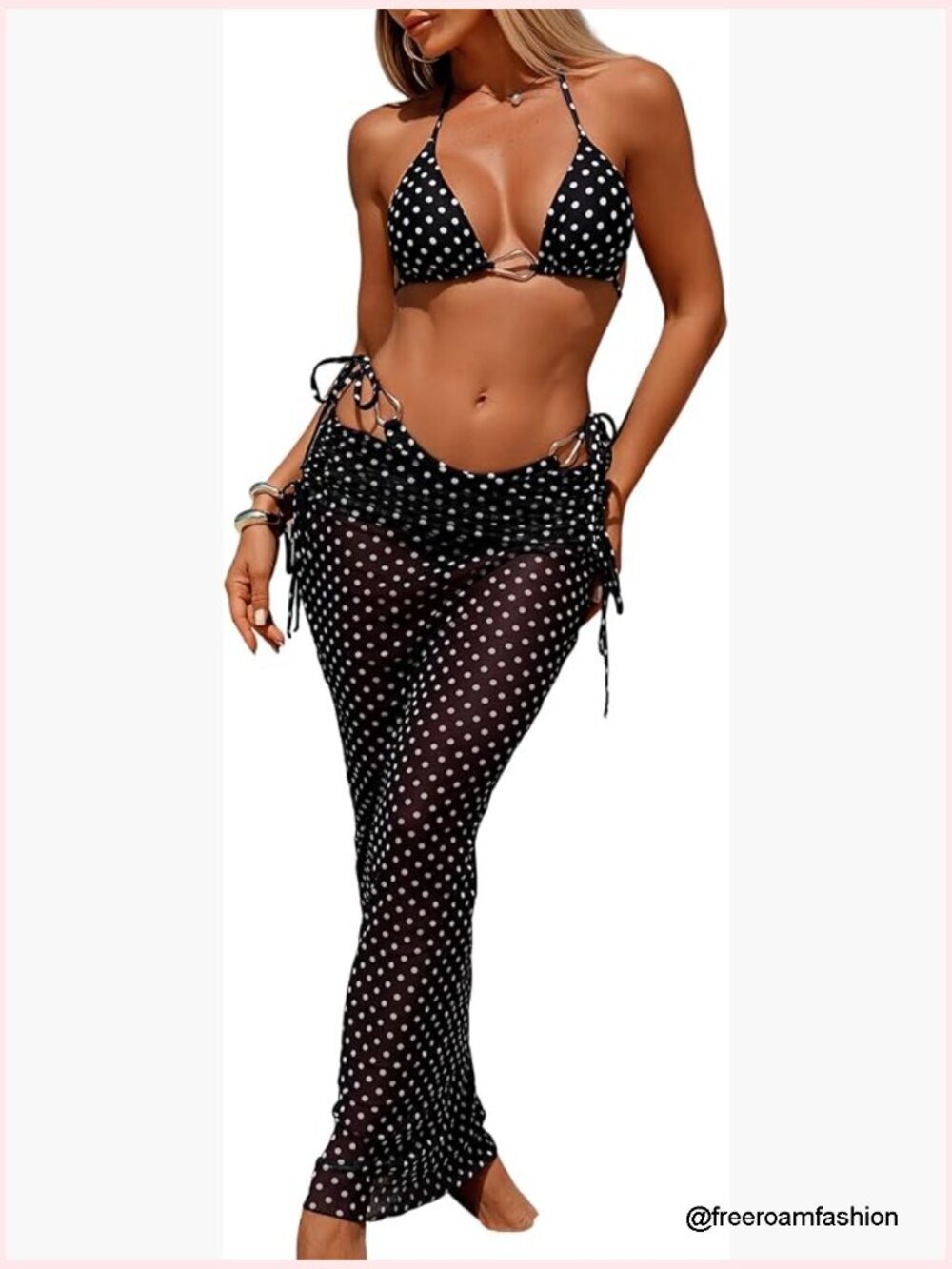 3 Piece Swimsuits for Women Triangle Halter Bikini Set with Long Mesh Cover Up